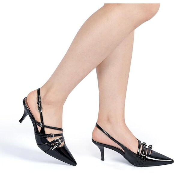 Slingback Kitten Heels for Women Black Polyurethane Multi-Buckle Shoes - Picture 4 of 7